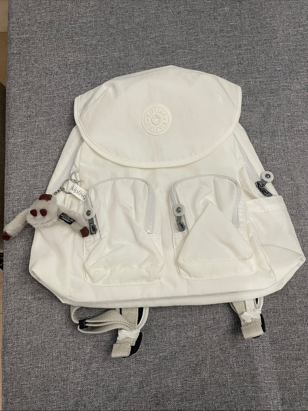 Kipling Off-White Nylon Backpack with Monkey Keychain